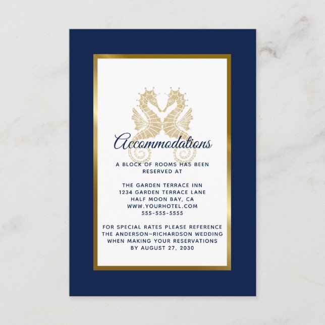 Carte D'accompagnement Elégant Marine Gold Seahorses Mariage Hébergements (Devant)