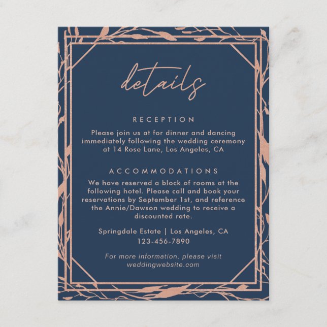 Carte D'accompagnement Elegant Marine & Rose Gold Botanical Mariage Détai (Devant)