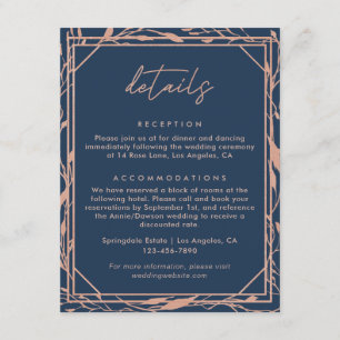 Carte D'accompagnement Elegant Marine & Rose Gold Botanical Mariage Détai