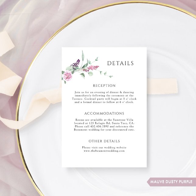 Carte D'accompagnement Elegant Mauve Dusty Purple Floral Détails du Maria (Créateur téléchargé)