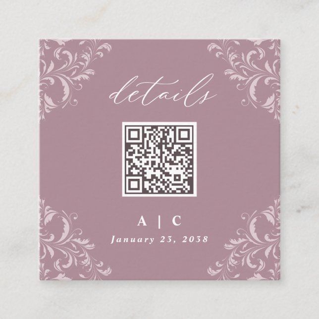 Carte D'accompagnement Elegant Mauve QR Code Mariage Petit Carré Détails (Devant)