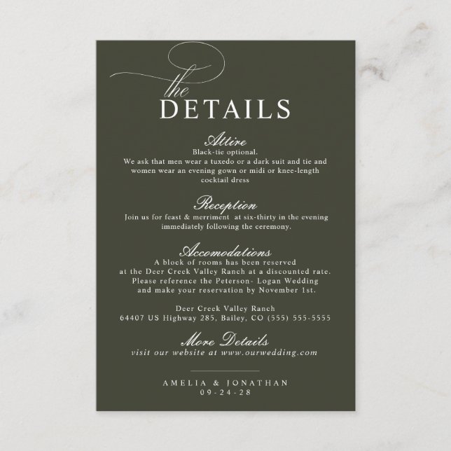 Carte D'accompagnement Élégant minimaliste moderne Script Détails Mariage (Devant)