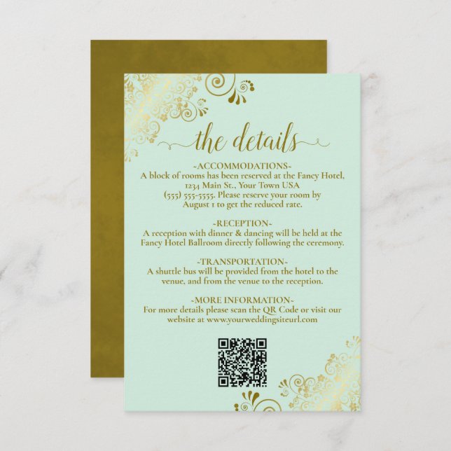 Carte D'accompagnement Elegant Mint Green & Gold Mariage QR Code Détails (Devant / Derrière)