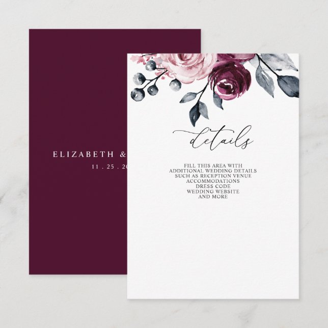 Carte D'accompagnement Elegant Modern Burgundy Floral Wedding (Devant / Derrière)