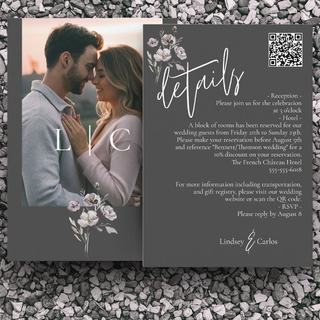 Carte D'accompagnement Elégant moderne gris foncé détails mariage QR code (Créateur téléchargé)
