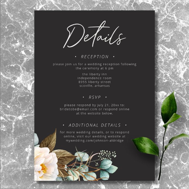 Carte D'accompagnement Élégant moderne Peonies blanches Mariage noir (Modern Elegant White Peonies Black Wedding Enclosure Card)