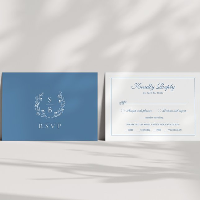Carte D'accompagnement Élégant monogramme bleu royal Wreath Botanique RSV (Créateur téléchargé)
