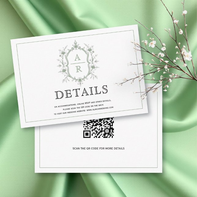 Carte D'accompagnement Élégant monogramme de crête verte détails du maria (Créateur téléchargé)