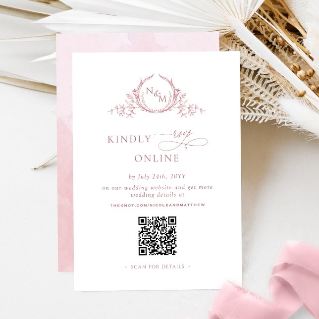 Carte D'accompagnement Élégant Monogramme Dusty Rose RSVP en ligne QR Cod (Créateur téléchargé)