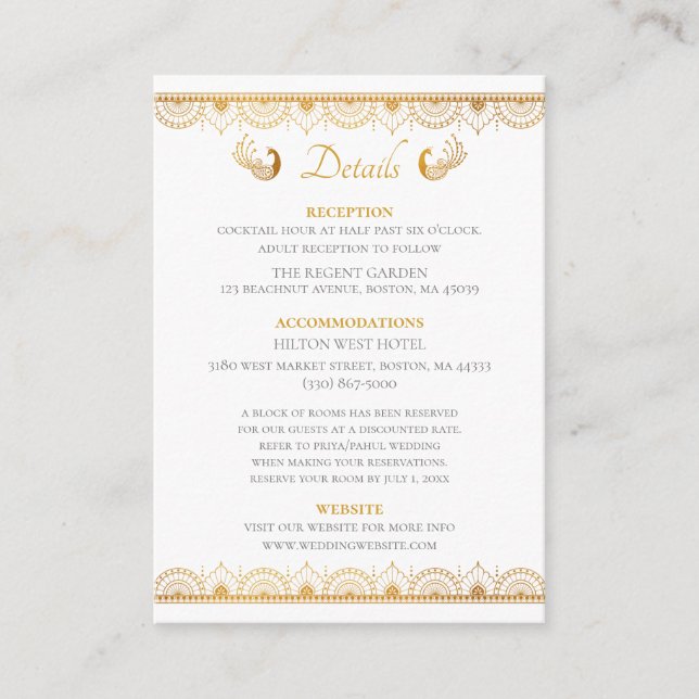 Carte D'accompagnement Elegant Motif or Indien Détails du Mariage (Devant)