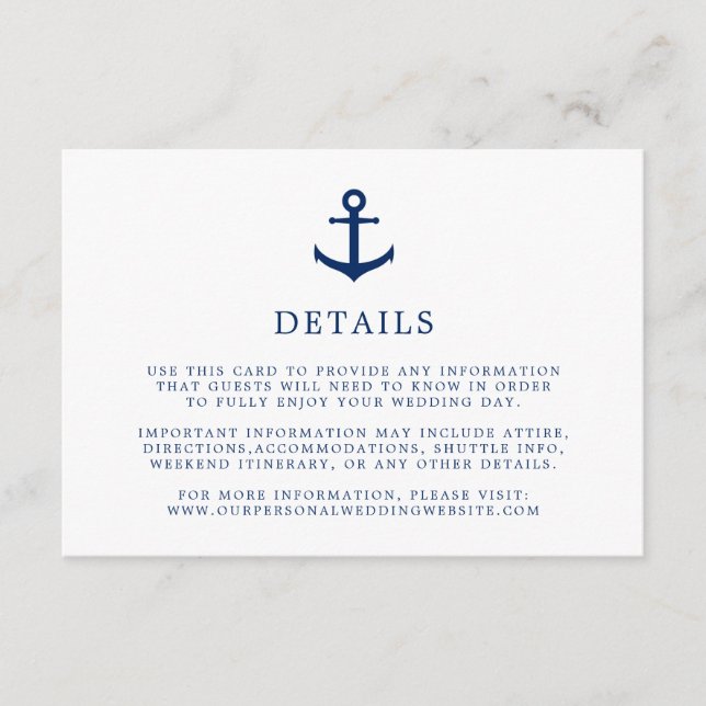 Carte D'accompagnement Elegant Nautical Navy Blue Ancre Détails du Mariag (Devant)