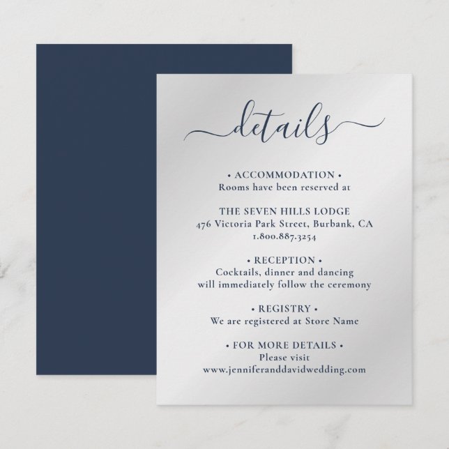 Carte D'accompagnement Elegant Navy Blue and Silver Détails du Mariage (Devant / Derrière)