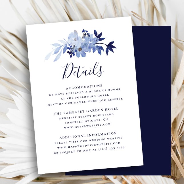 Carte D'accompagnement Elegant Navy Blue Floral Foliage Détails du Mariag (Créateur téléchargé)