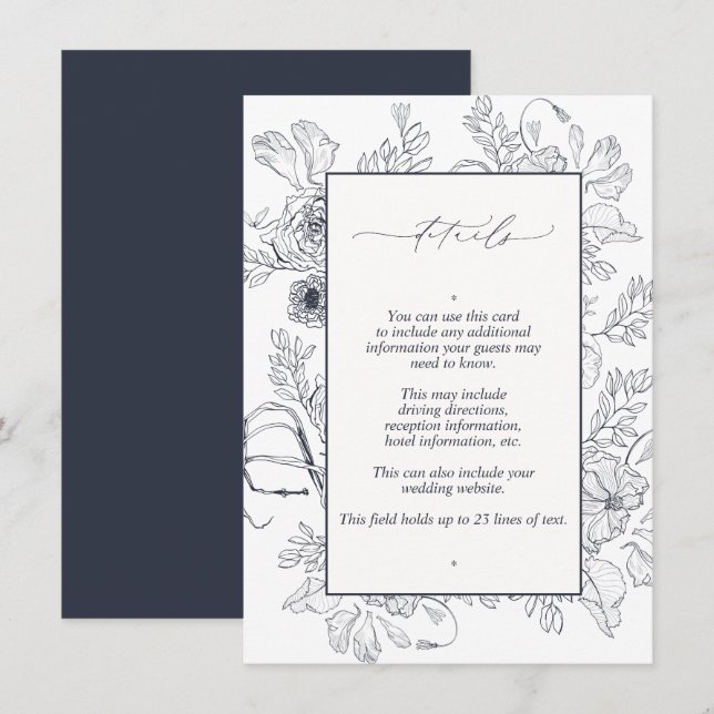 Carte D'accompagnement Elegant Navy Blue Floral Line Art Mariage Détails (Devant / Derrière)