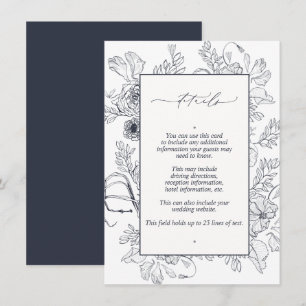 Carte D'accompagnement Elegant Navy Blue Floral Line Art Mariage Détails