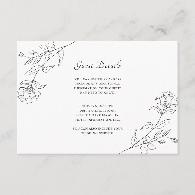 Carte D'accompagnement Elégant noir et blanc Floral Détails de l'invité (Devant)
