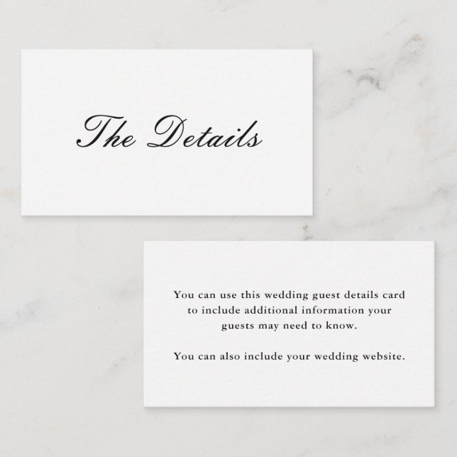 Carte D'accompagnement Elégant noir et blanc Mariage Détails de la client (Devant / Derrière)