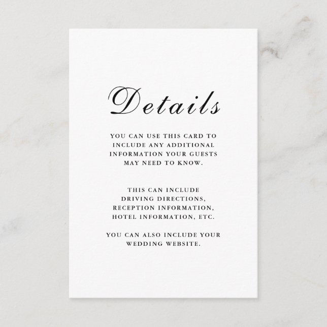 Carte D'accompagnement Elégant noir et blanc Mariage Détails de la client (Devant)