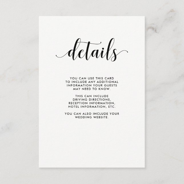 Carte D'accompagnement Elégant noir et blanc Mariage Détails de la client (Devant)