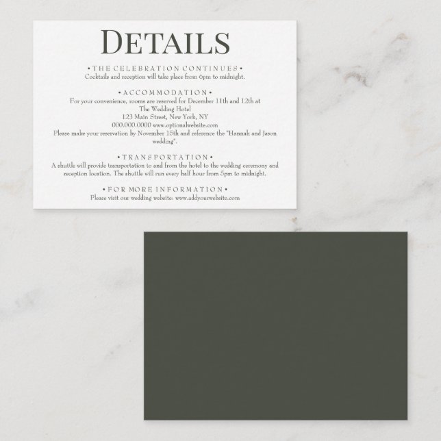 Carte D'accompagnement Elégant Olive Green Détails du Mariage (Devant / Derrière)