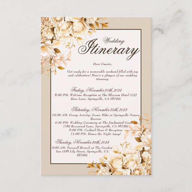 Carte D'accompagnement Élégant or et ivoire Floral Mariage Itinéraire (Devant)