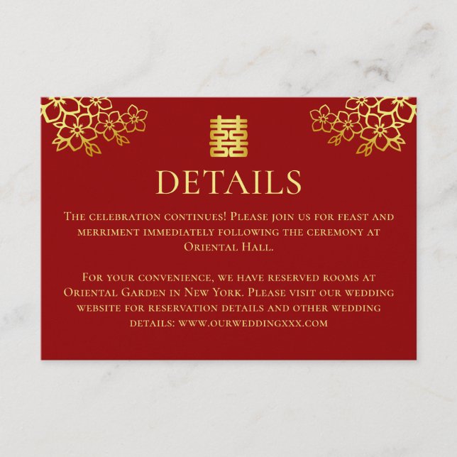 Carte D'accompagnement Elégant or rouge floral chinois détails mariage (Devant)