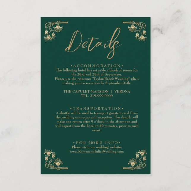 Carte D'accompagnement Elégant or & vert Art Déco Détails mariage (Devant)