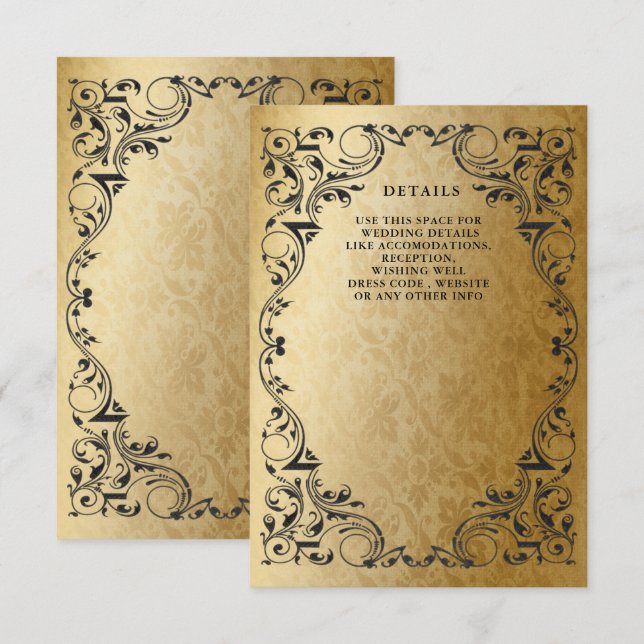 Carte D'accompagnement Elegant Ornamental Black Gold Détails du Mariage (Devant / Derrière)