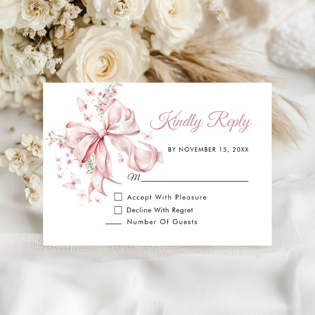 Carte D'accompagnement Elégant Perles de Bow Rose Quinceañera Réponse (Créateur téléchargé)