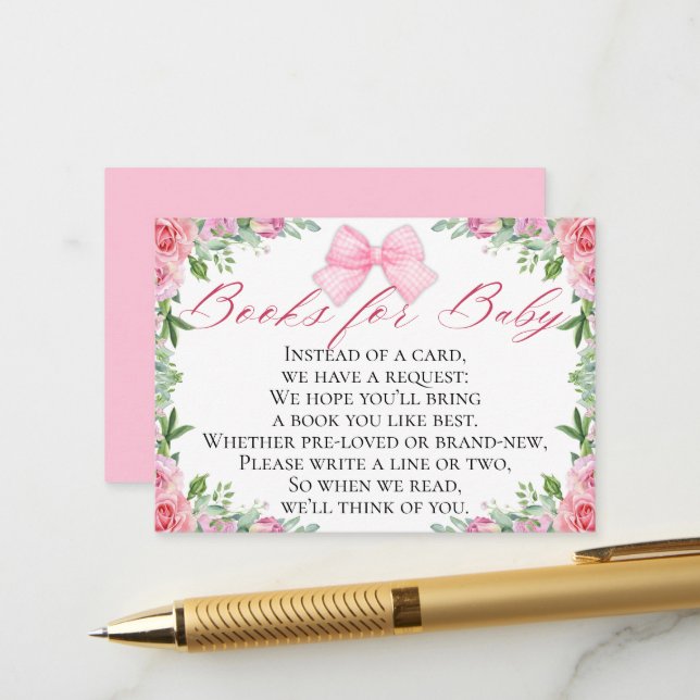 Carte D'accompagnement Elégant Pink Bow & Rose Coquette Livres pour bébé (Devant/Arrière en situation)