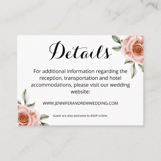 Carte D'accompagnement Elegant Pink Cream Rose Détails Mariage (Devant)
