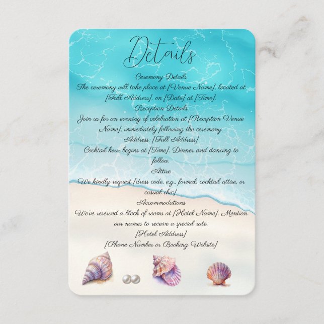 Carte D'accompagnement Elégant Plage Mariage Coquillages Perles Nautiques (Devant)