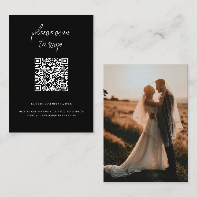 Carte D'accompagnement Elégant QR Code Photo Noir Mariage RSVP (Devant / Derrière)