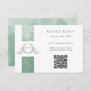 Carte D'accompagnement Elégant QR Code RSVP Green Monogram Mariage