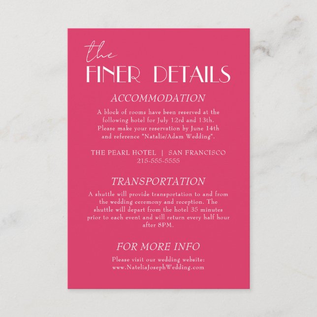 Carte D'accompagnement Elegant Raspberry Pink Stylish Wedding Details (Devant)