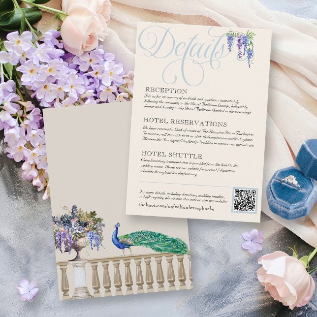 Carte D'accompagnement Elegant Regency Peacock Garden Détails de mariage (Dusty cream Regency era English French Garden wisteria floral peacock Bridgerton Wedding details)