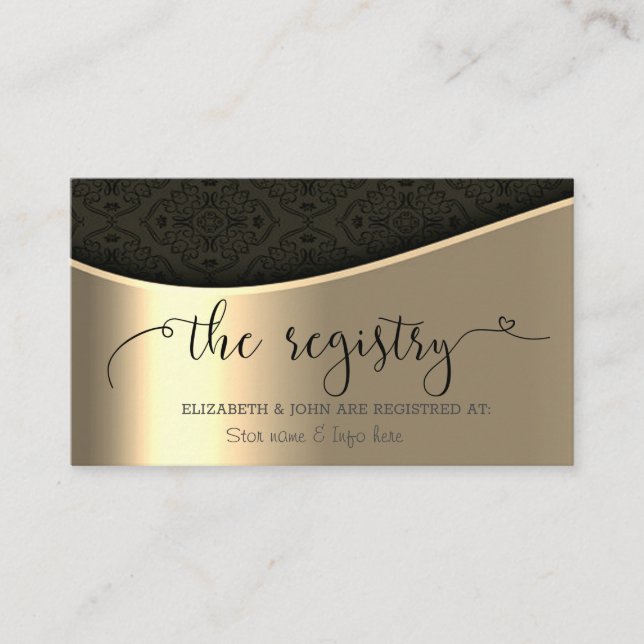 Carte D'accompagnement Élégant registre Mariage noir Damask Gold (Devant)