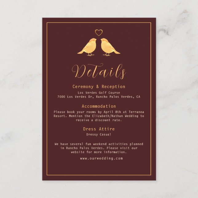Carte D'accompagnement Elegant Rich Burgundy & Gold Birds Détails du Mari (Devant)