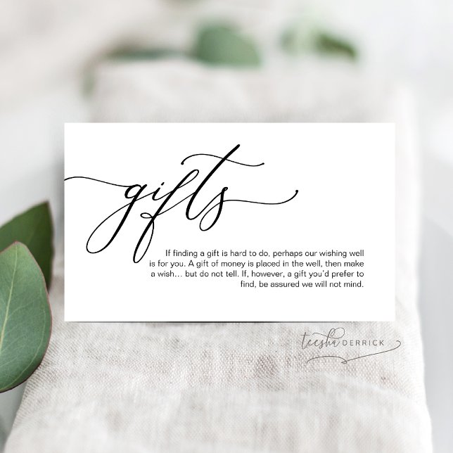 Carte D'accompagnement Élégant romantique, Écriture noire, Une note de ca (A note on gifts Enclosure Card, Elegant Romantic, Black script, gift of money, honeymoon wish)