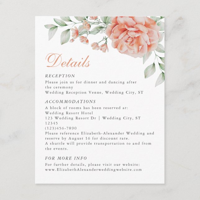 Carte D'accompagnement Elégant rose Aquarelle Floral Détails Mariage (Devant)