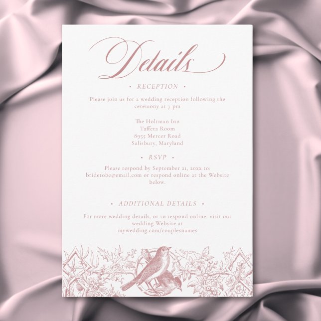 Carte D'accompagnement Elégant rose Chinoiserie Nature & Oiseaux Mariage (Elegant Pink Chinoiserie Nature & Birds Wedding Enclosure Card)
