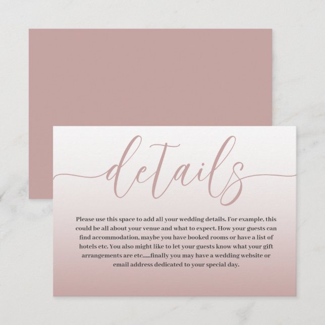 Carte D'accompagnement Elégant Rose Gold & Calligraphie Détails du Mariag (Devant / Derrière)