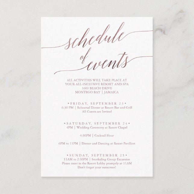 Carte D'accompagnement Élégant Rose Gold Mariage Weekend événement (Devant)