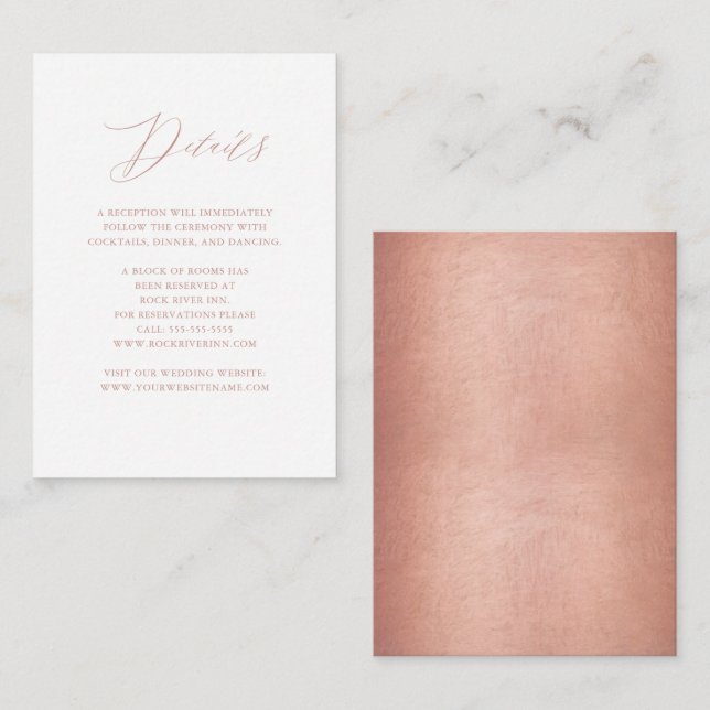 Carte D'accompagnement Élégant Rose Gold Script Metallic Mariage Détails (Devant / Derrière)