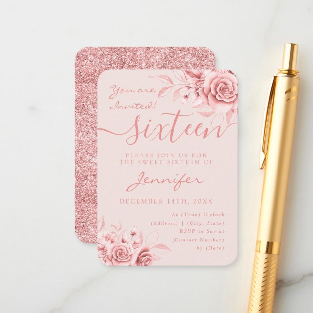 Carte D'accompagnement Élégant Rose Gold Sweet 16 Parties scintillant Flo (Devant/Arrière en situation)