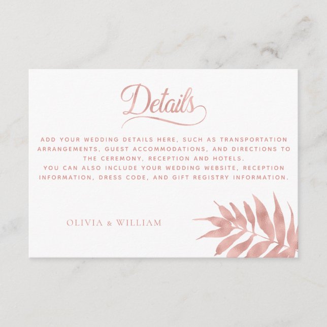 Carte D'accompagnement Elégant Rose Tropical Gold White Détails Mariage (Devant)