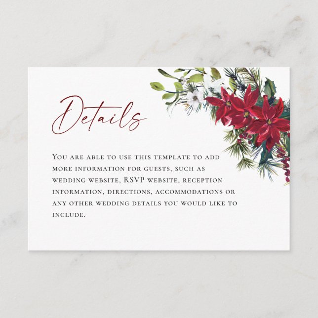 Carte D'accompagnement Elégant Rouge Poinsettia Détails Mariage de Noël (Devant)