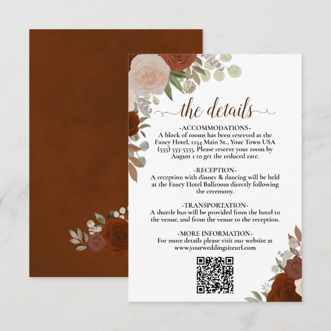 Carte D'accompagnement Elegant rouille orange Rose Détails Mariage QR Cod (Devant / Derrière)