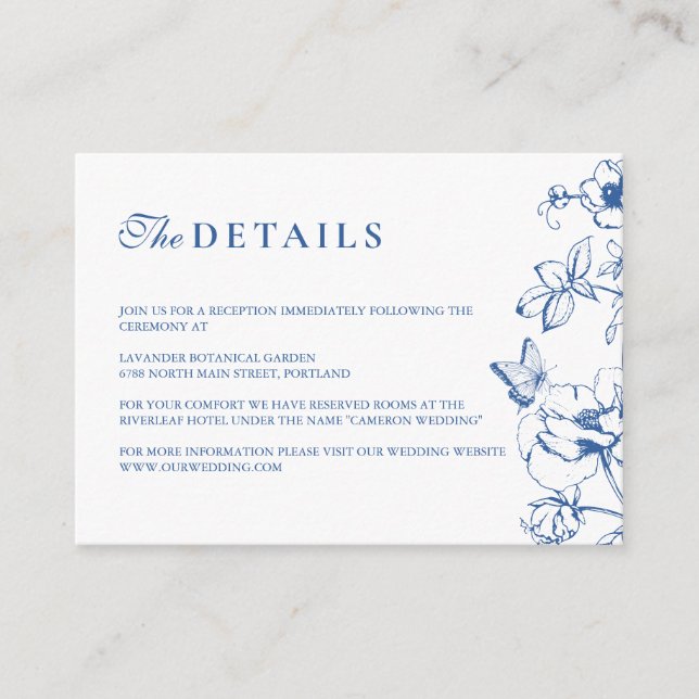 Carte D'accompagnement Elégant Royal Blue Floral Garden Détails de mariag (Devant)