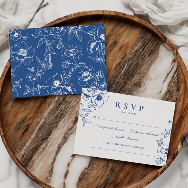 Carte D'accompagnement Elégant Royal Blue Floral Garden Mariage RSVP (Créateur téléchargé)